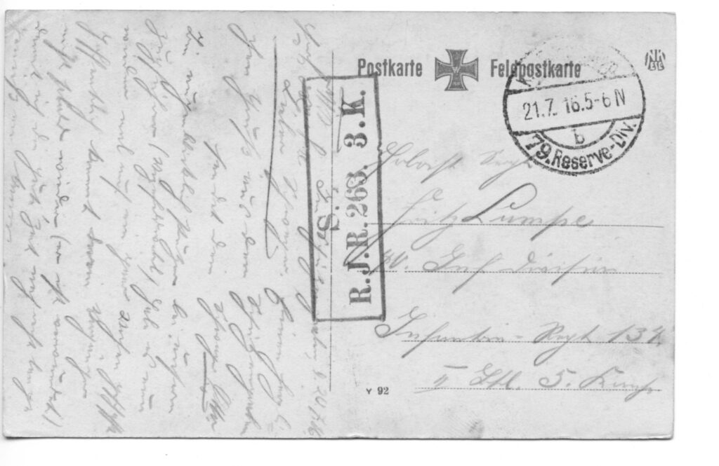 Back of postcard 263 Reserve Inf Regt 1916