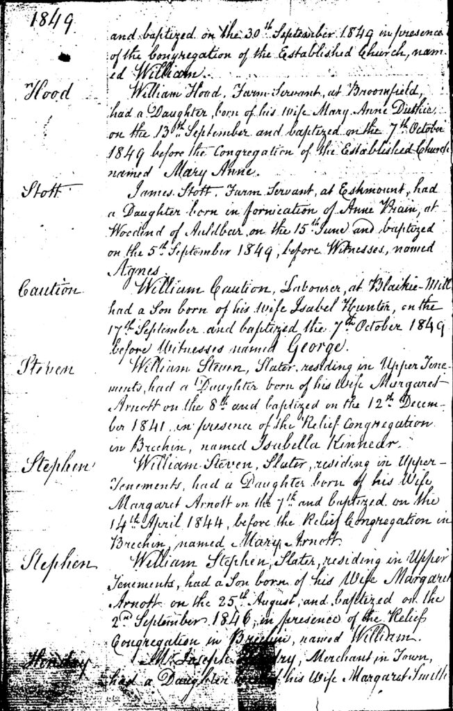 Brechin Steven baptismal records 1849 Mary Arnott & William_j
