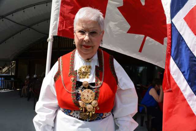 Jeanette Stevens on the right in her Norwegian bunad at a Scandinavian Centre event, in Burnaby, BC, 2016. Jeanette Stevens on the right in her Norwegian bunad at a Scandinavian Centre event, in Burnaby, BC, 2016.