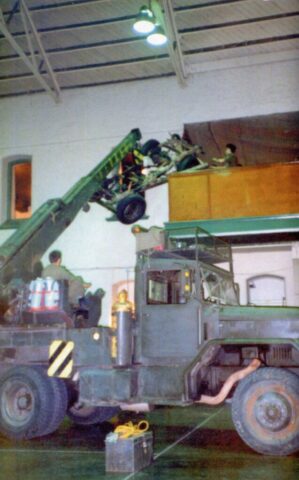 1982 June - BCR (DCO) 12 Service Battalion Wrecker removing the M38A1 CDN2 or CDN3 Jeep's chassis from the BCR (DCO) Officers' Mess.