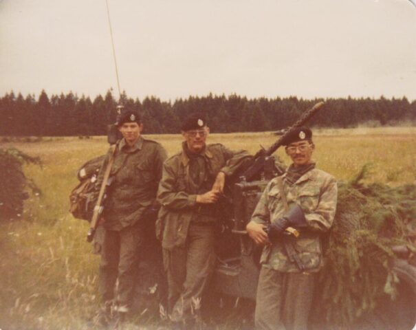 BCR (DCO) M38A1 CDN, CDN2 or CDN3 Recce Jeep, camouflaged. Unidentified soldier on left with FN C1A1 rifle, Manfred Harder in centre with C5A1 GPMG and Rick Gallant on right holding an SMG C1.