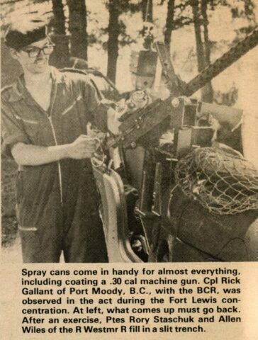 BCR (DCO) M38A1 CDN, CDN2 or CDN3 Recce Jeep. Cpl Rick Gallant oiling his C5A1 GPMG. Fort Lewis, WA, USA. JUN-JUL Maybe about 1978?