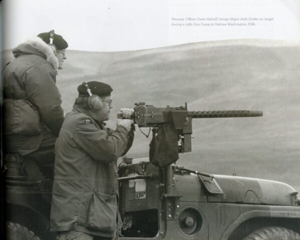 1982 - BCR (DCO) at Gun Camp, Yakima, WA, USA - Spotter WO Dave Holwill Maj Jack Drake firing GPMG C5A1 7.62 mm from an M38A1 CDN2 or CDN3 Jeep.