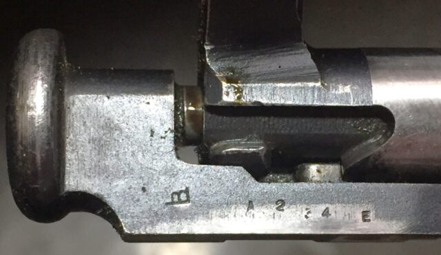 Long Branch 1941 with 1942 barrel all matching 1L314 - Right side of rare cocking piece Mk. I. LB marking.