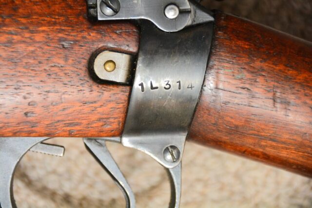 Long Branch 1941 with 1942 barrel all matching 1L314 - Left side view body socket showing serial number.