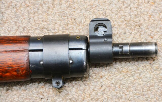 Long Branch 1941 with 1942 barrel all matching 1L314 - Rare early Long Branch "wasp waist" front sight protector and hinged upper band.