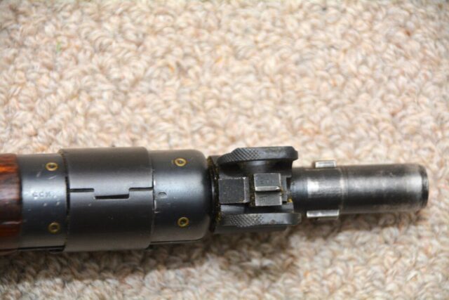 Long Branch 1941 with 1942 barrel all matching 1L314 - Rare early Long Branch "wasp waist" front sight protector and hinged upper band.