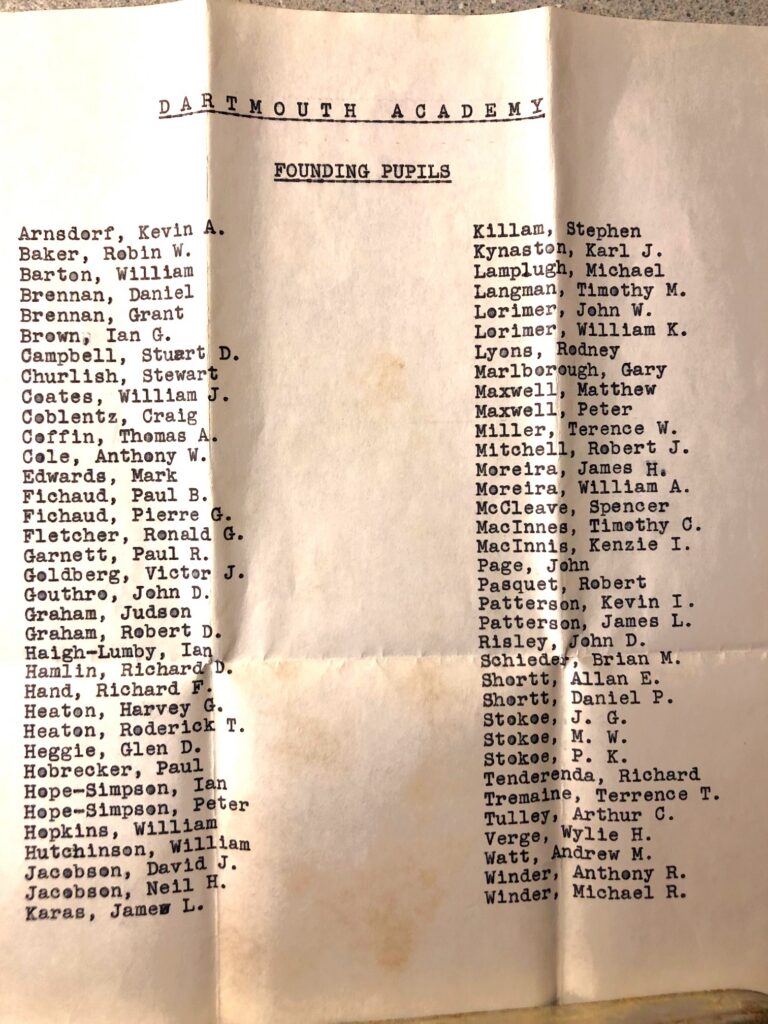 Dartmouth Academy time capsule - List of Founding Pupils 