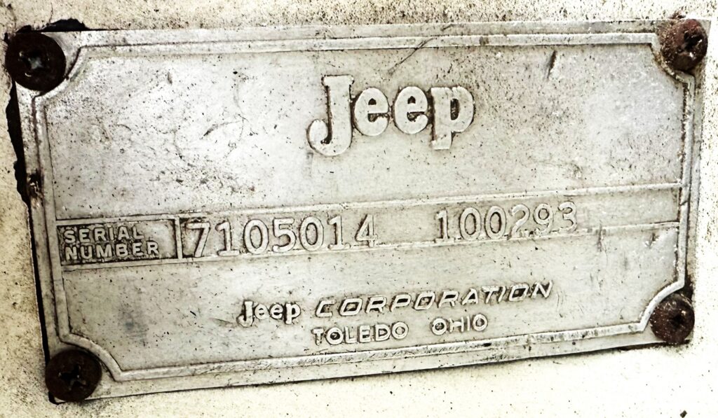 Body tub serial number dataplate, on wheelwell behind front passenger's seat. These all started 710514 for the M38A1 CDN3 Jeeps.
