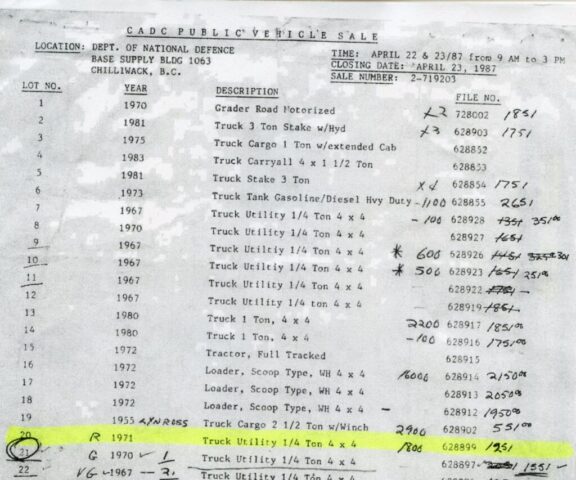 M38A1 CDN3 71-09062 6 FD ENGR SQN on Crown Assets Auction Listing Lot 20 – CMS Colelction